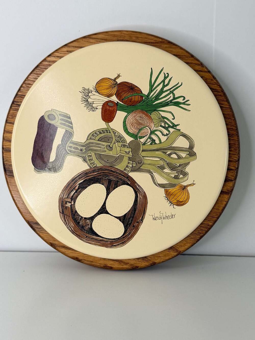 Wendy Wheeler Ceramic Tile Trivet w/ Oak Wood Frame Kitchen Decor